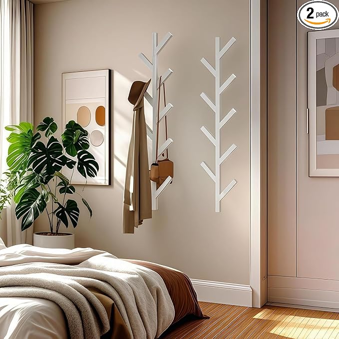 Vlush 2Pack Wall Mounted Coat Rack - 9 Hooks, Modern Metal Design, for Hats, Coats and Bags - Suitable for Entryways and Bedrooms - White (37.9" Height)
