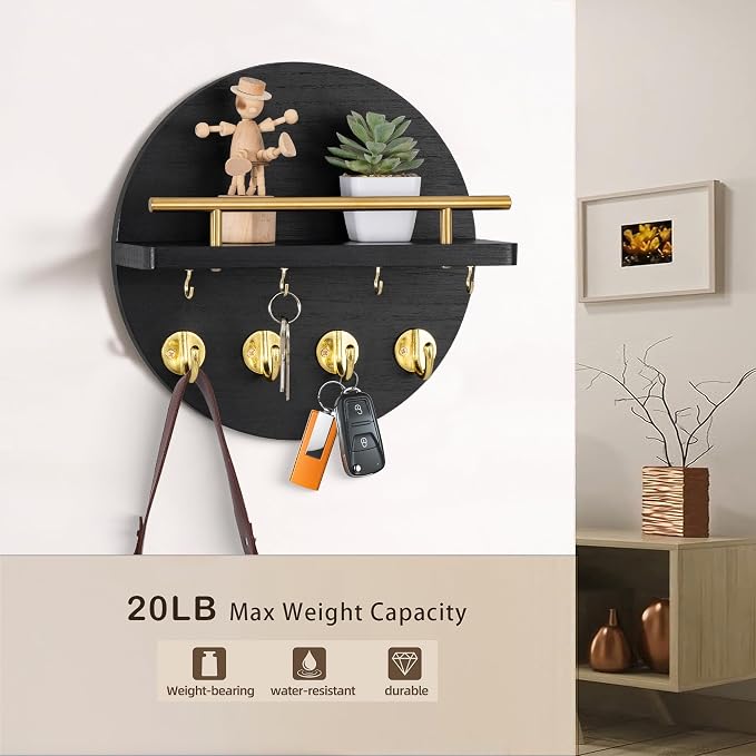 dreampossible Key Holder Wall Mount - 10.2 Inch Decorative Key Rack and Mail Organizer with 8 Key Hooks - Wooden Key Hanger with Shelf for Wall and Home Decor