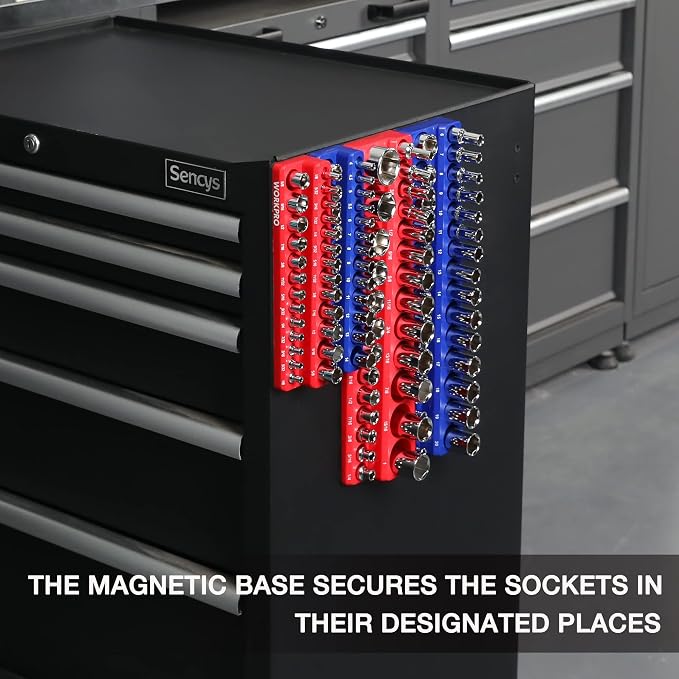 WORKPRO Magnetic Socket Organizer Set, 4-Piece Metric SAE Socket Holder Set | 1/4", 3/8", Drive Socket Trays, Holds 108-Piece Sockets, Suitable for Standard and Deep Sockets, Sockets not Included