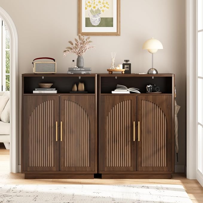 Fluted Shoe Storage Cabinet with 2 Arch Doors, 43" Tall Wood Cabinet | 6-Tier Large Shoe Rack w/Adjustable Shelves, Mid Century Modern Hidden Shoes Organizer for Hallway, Entryway, Fits Size 13