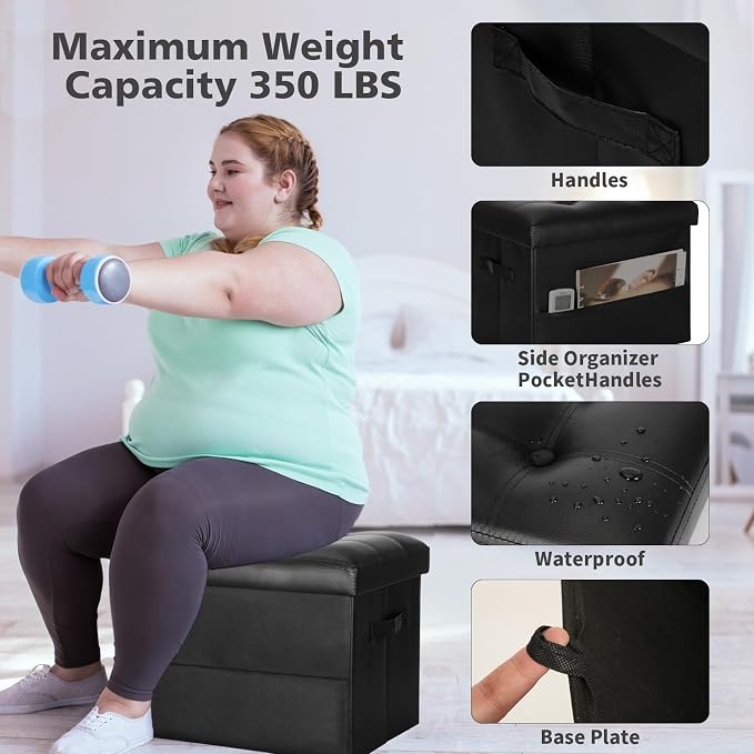 Storage Ottoman Foot Rest Stool with Thicker Foam Padded Seat. Foldable Leather Footstool Bench. Small Ottoman with Storage for Living Room Bedroom Coffee Table 350 lbs, 17x13x13in, Black. | Foldable Leather Foot Stool with Storage, Small Ottoman with ...