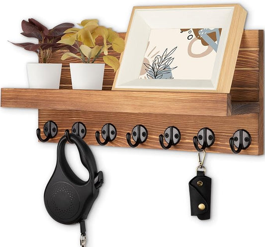 Lwenki Key Holder Wall Mount, Entryway Key and Mail Holder with 7 Sturdy Hooks for Sunglasses, Dog Leash, Decorative Wall Shelf with Mounting Hardware, 15”W x 6.7”H x 4.2”D