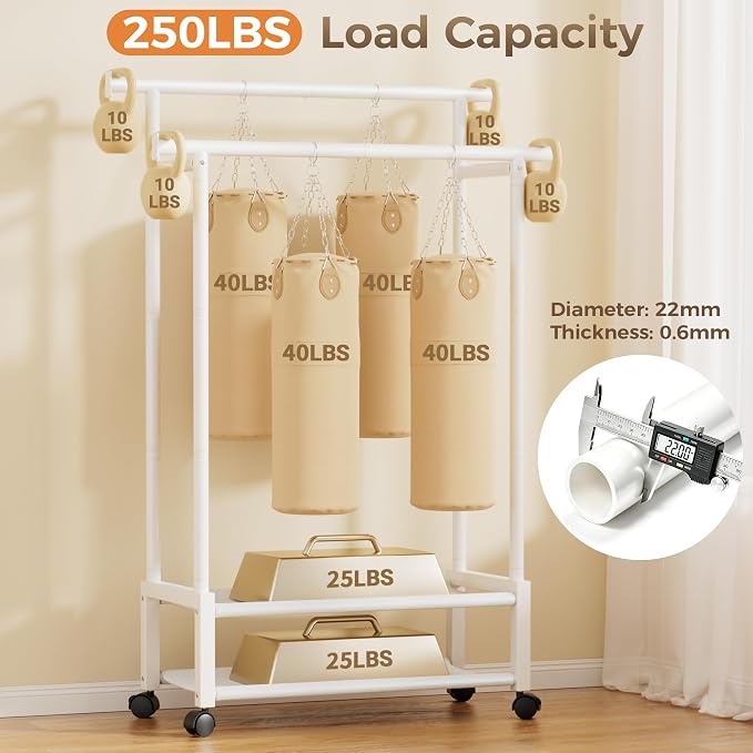 Double Rod Clothing Rack with 2 Shelves, Rolling, White | All tools included, metal frame, 4 casters with 2 locking, for bedroom, laundry, and entryway