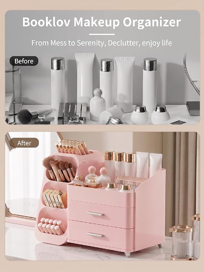 Booklov Large Makeup Organizer for Vanity Countertop, Pink | Plastic Cosmetic Display Case with Drawers, Beauty Brush Holder for Bathroom Counter, Skin Care Perfumes Storage