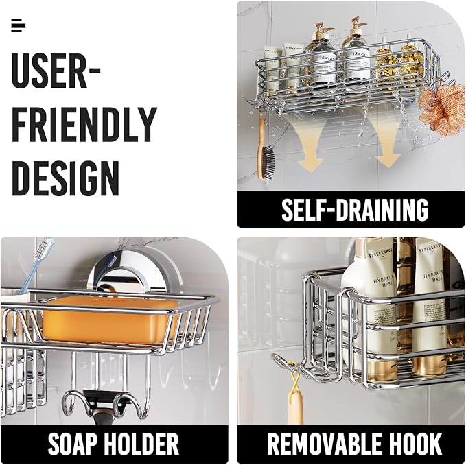 LEVERLOC Shower Caddy Suction Cup, 2 Pack Heavy Duty Bathroom Organizer | Shower Caddy with Hooks & Soap holder, Removable Shower Storage, Rustproof Silver bathroom Holder