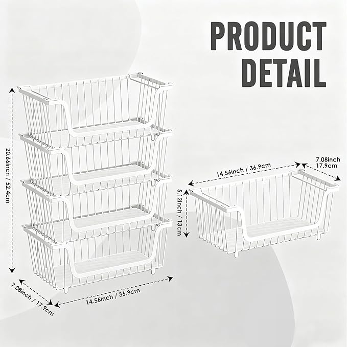 GAOKASE 4 Pcs Stackable Wire Baskets for Pantry Organizers and Storage, | Vegetable Fruit Basket for Countertop,Kitchen Storage Metal Baskets,Produce Potato Onion Storage Bin,White