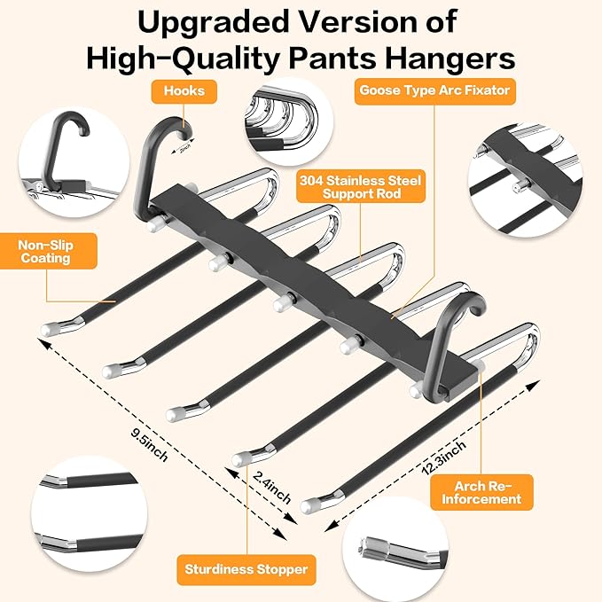 Pants Hangers Space Saving - 4 PCS Closet Organizer and Storage Jean Hangers, Stainless Steel Anti-Slip Clothes Hanger Scarf Holder Pants for Jeans Leggings Trousers Rack for Back to School, Black