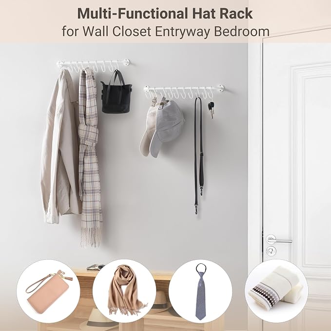 Mkono Hat Organizer Hat Rack for Wall Storage Holder with 20 Hooks Set of 2 | Hanging for 20 Caps, Adjustable Hooks, Space-Saving, Holds Baseball Scarves Belts Bags, Closet Door Bedroom Entryroom Laundry