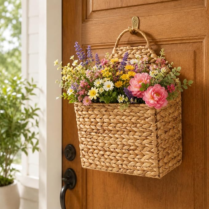 Hanging Wall Basket - Flat Back Woven Storage Organizer for Mail, Books, and Magazines - Decorative Wall Hanging Basket Decor for Front Door, Entryway, and Farmhouse Home Decor, Beige