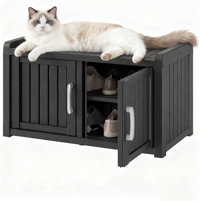 NUNU LAB Outdoor Storage Bench with 2 Barn Doors - Waterproof UV-Resistant Shoe Cabinet for Entryway, Indoor & Outdoor Use, Adjustable Shelves, Easy Assembly (Black, 31.7IN)