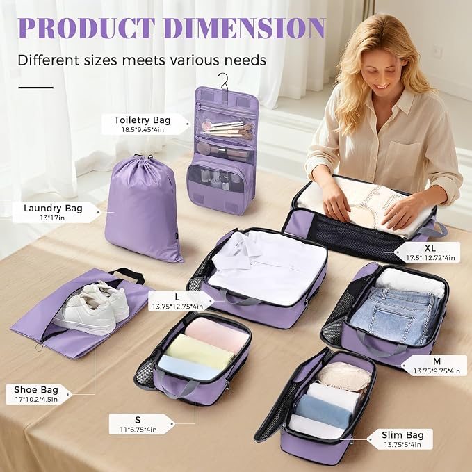 BAGAIL 4 Set/6 Set/8 Set Compression Packing Cubes Travel Accessories Expandable Packing Organizers(HalfMesh,8-Dusty Purple)