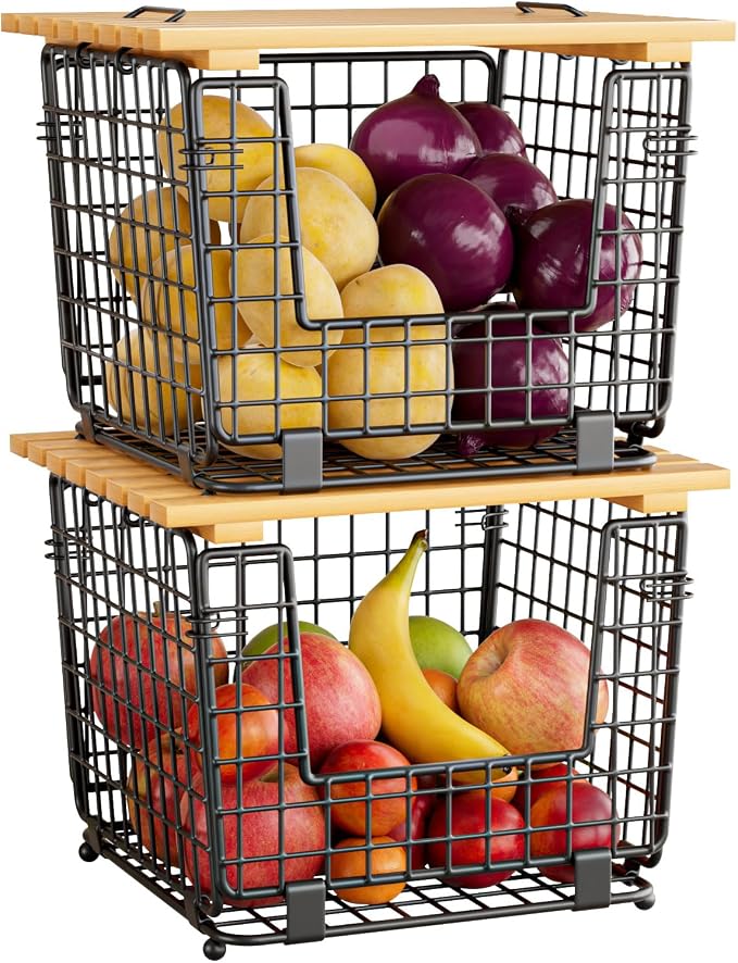 2 Pack Stackable Potato Onion Bins, Pantry Organizers and Storage | Wire Basket with Breathable Design for Garlic Fruits Vegetables Storage, Kitchen Counter Organizer