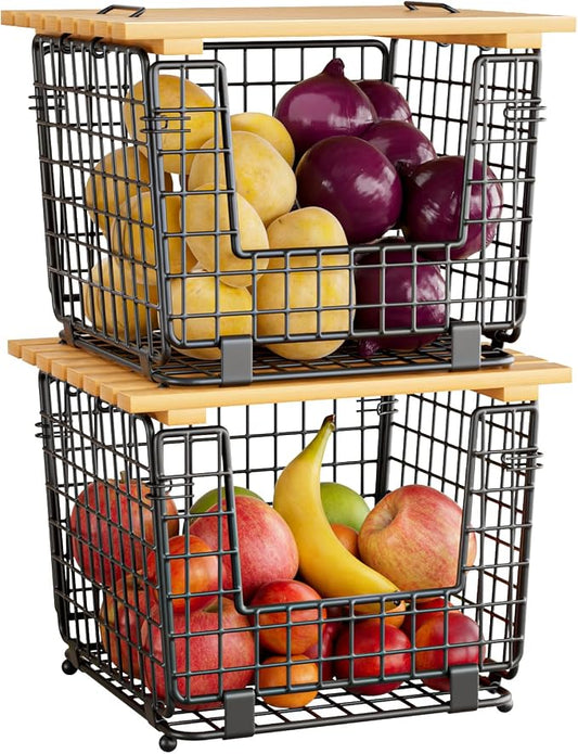 2 Pack Stackable Potato Onion Bins, Pantry Organizers and Storage | Wire Basket with Breathable Design for Garlic Fruits Vegetables Storage, Kitchen Counter Organizer