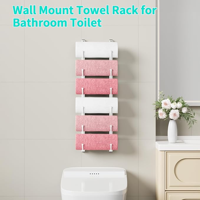 HapiRm Rolled Towel Racks for Bathroom - 6-Tier Over The Door & Wall Mounted Bathroom Towel Storage, Hanging Metal Organizer for Towels & Bath Sheets, Space Saving Rack for Bathroom, Camper, RV, White