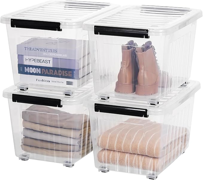 Citylife 54 Quart Large Clear Plastic Storage Bins with Lids 4-Pack | Stackable, Secure Latching Lids, Easy Find, Clothes Storage Bins for Closet Bedroom Garage