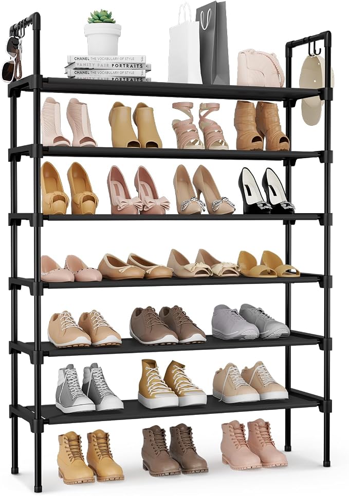 LANTEFUL 6 Tier Shoe Rack for Closet Shoe Organizer with 5 Hooks, Long Shoe Shelf Storage for Shoe and Boot Stackable Free Standing Shoe Rack for Entryway, Garage, Small Spaces, Dorm, Black