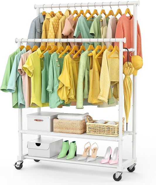 Double Rods Clothes Rack for Hanging Clothes, Heavy Duty Rolling Clothing Rack with Wheels, Freestanding Garment Racks with Oxford Bottom Shelf and Mesh Bottom Shelf for Bedroom Laundry (White)