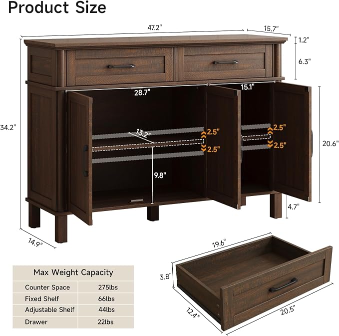 48 Inch Buffet Cabinet with Storage, Farmhouse Sideboard Buffet w/2 Drawers and 3 Doors, Wood Coffee Bar Cabinet with Adjustable Shelves, Sideboard Storage for Kitchen, Living Room, Brown
