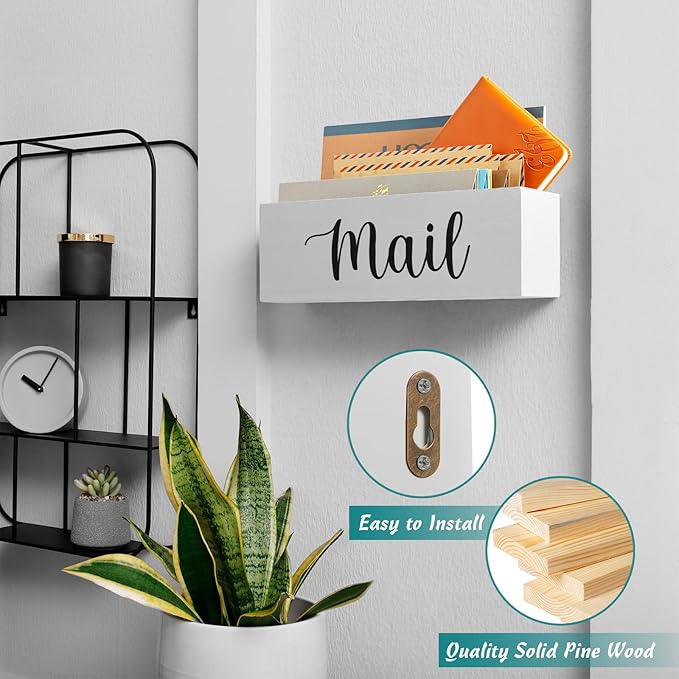 DRASTAR Mail Organizer, Mail Holder with 2 Slots, White Mail Basket for Wall Mount, Wooden Desk Mail Organizer, Envelope Holder for Home Office Decor