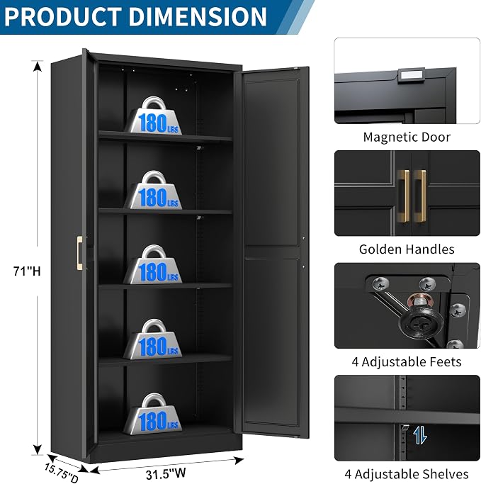 71" Tall Black Metal Storage Cabinet with Doors, Heavy Duty | Freestanding Steel Kitchen Pantry Cabinet, 4 Adjustable Shelves (180 Lbs Load), Tall Cabinets for Home, Office and Garage