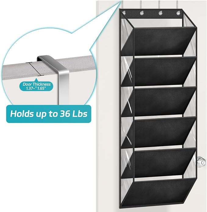 AOODA Clear Over The Door Shoe Organizer Storage Holds 12 Pairs, Narrow Door Hanging Shoe Rack for Closet, Deep Pockets Shoe Holder Hanger for Sneakers, Boots (Black)