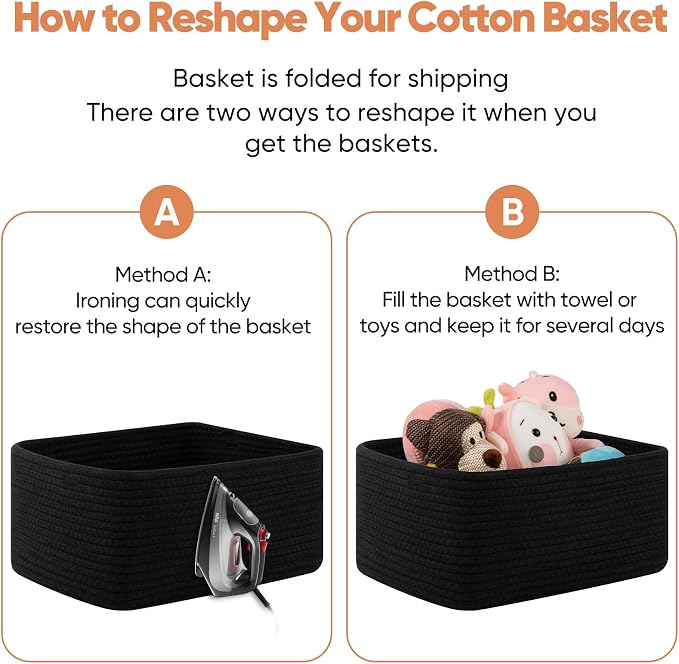 OIAHOMY 4 Pack 14.17 * 11.02 * 6.3IN Storage Baskets for Organizing Shelves, Woven Rope Baskets for Organizing Books, Clothes, Decorative Basket for Living Room, Nursery, Bedroom, Gift Basket, Black