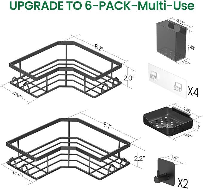 Adhesive Shower Caddy, 6 Pack Corner Bath Organizer, Rustproof Stainless Steel Shower Shelves with Large Capacity, No Drilling Shelves for Bathroom Storage, Home, Kitchen Decor