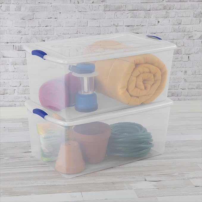 105 Quart Clear Plastic Latching Storage Bin with Latch Lid, Blue | Stackable Design, Secure Color Latches, 32x19x14 cm External, Seasonal & Gear Storage, Compatible with 66-Qt Lid