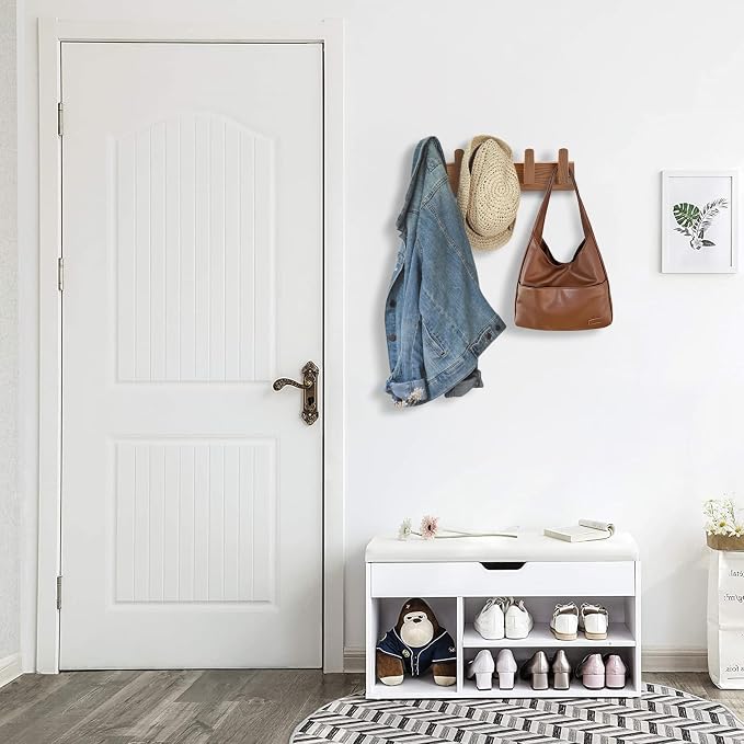Wood Coat Rack Wall Mount with 5 Hooks, 17'' Hole to Hole Wall Coat Rack for Hanging Coat Jacket Backpack, Natural Wall Coat Hook