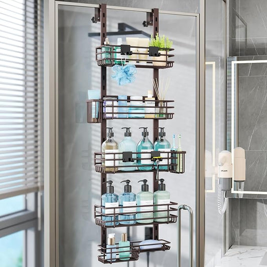 Consumest Over The Door Shower Caddy - 5 Tier Adjustable Shower Organizer Hanging with 2 Toothbrush Holders & 4 Hooks, Rustproof Organizer Shelf, Storage Rack for Bathroom, Bronze