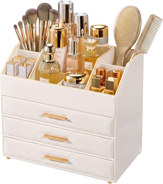 Lolalet 4-Layer PU Leather Makeup Organizer for Cosmetic Vanity -Beige | Large Bedroom Dsek Countertop Cosmetic Organizer with Brush Holder, Skincare Storage for Lipsticks, Nail Polish, Perfume