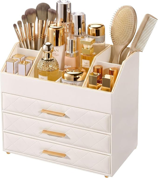 Lolalet 4-Layer PU Leather Makeup Organizer for Cosmetic Vanity -Beige | Large Bedroom Dsek Countertop Cosmetic Organizer with Brush Holder, Skincare Storage for Lipsticks, Nail Polish, Perfume