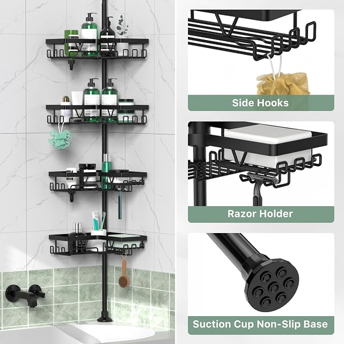 DAOYA Corner Shower Caddy Tension Pole 4 Tier Shower Caddy Organizer Black | Space Saver, 28 Hook, Soap Dish, Razor Holder, Rustproof, For Bathtub Bathroom, Floor to Ceiling 25-114 Inch, Simple Install