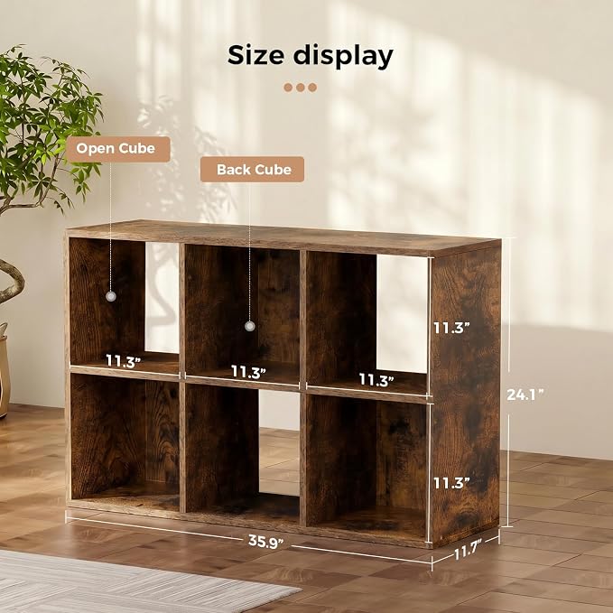 LUCKLIFE 6-Cube Storage Organizer, Stackable Modular Bookcase Shelf with Vertical or Horizontal Use, Fits 11×11" Bins, Optional Back Panels, for Living Room, Office, Rustic Brown
