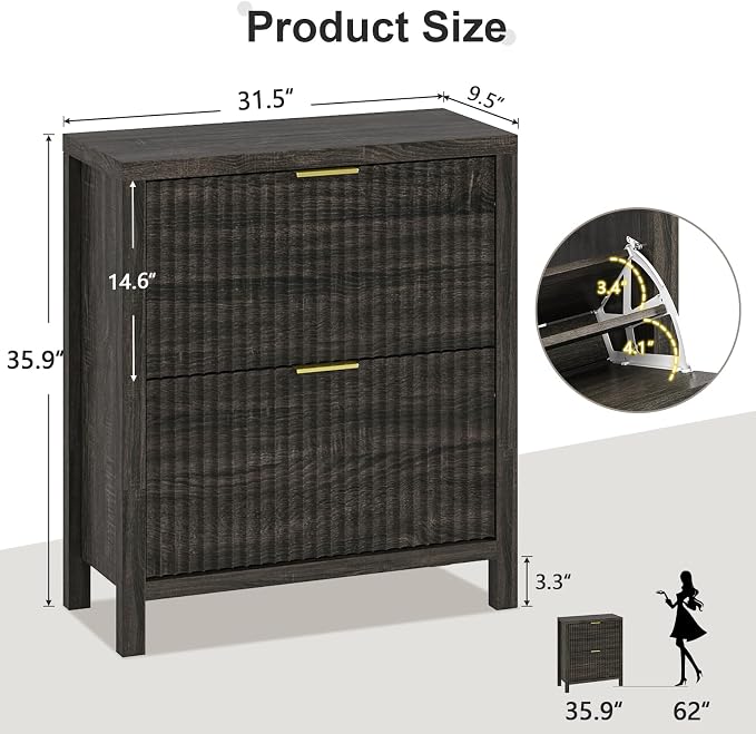 Fluted Shoe Cabinet Storage with 2 Flip Drawers for Entryway, Hallway | Narrow Shoe Rack Freestanding Shoe Organizer with Legs for Entryway，Hallway, Dark Gray
