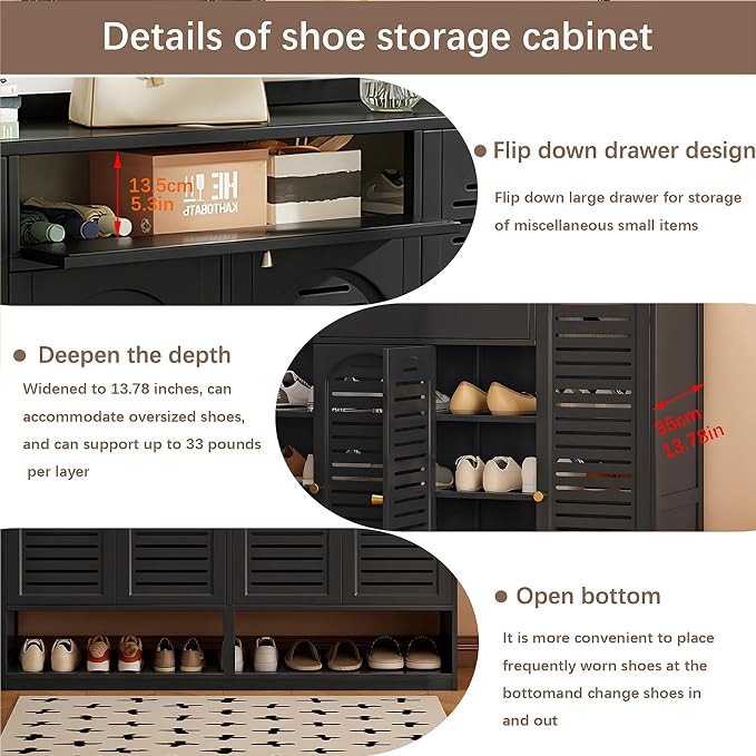 Shoe Cabinet with Louvered Doors, Freestanding Entryway Shoe Storage Cabinet with Drawer & Open Compartment, Modern Bamboo Shoe Rack Organizer with Thickened Adjustable Shelves for Closet