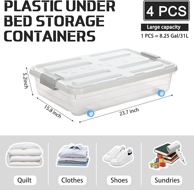 Beeveer 4 Pcs Plastic Under Bed Storage Containers with Lid Wheel Handle, Transparent Large Capacity Stackable Latching Storage Bins for Closet Bedroom Clothes Shoes Blanket(23.7 x 15.8 x 5.2,White)