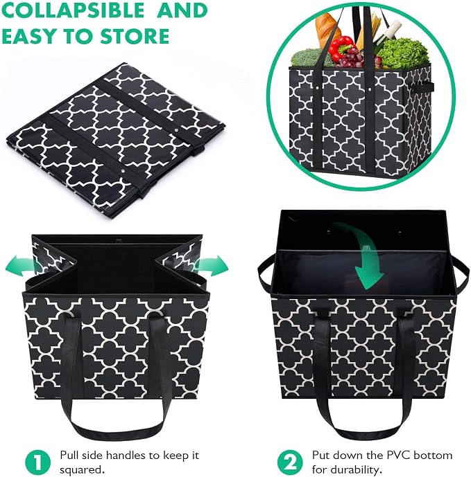 WISELIFE Reusable Grocery Bags 2-Pack Foldable Washable Large Storage Bins Basket Water Resistant Shopping Tote Bag Black