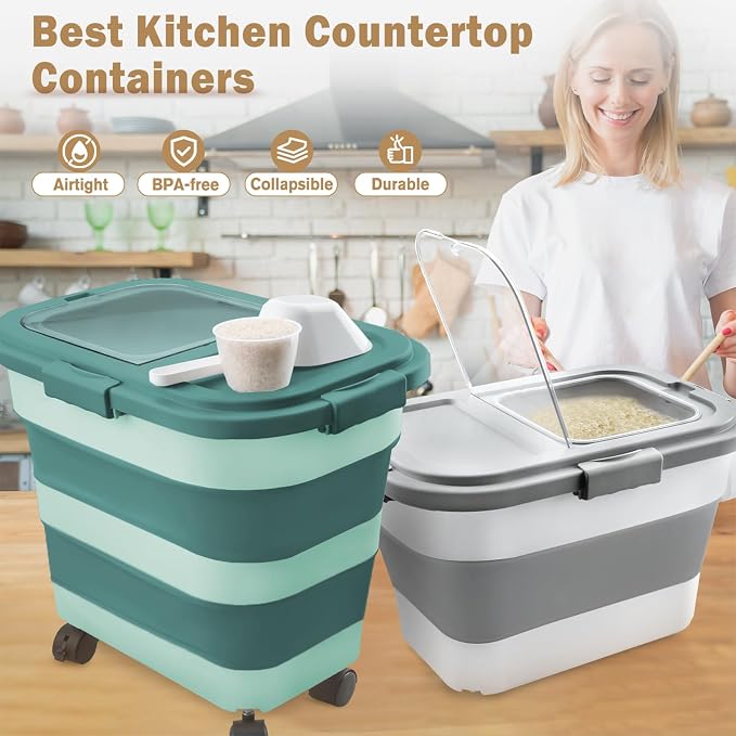 Rice Storage Container, Collapsible Airtight 10-40 Lb Rice Storage Container, 25lb Pet Dog Food Storage Container, Rice Dispenser Bin with Cup and Scoop for Flour Cereal Pasta Grain, Cat Bird