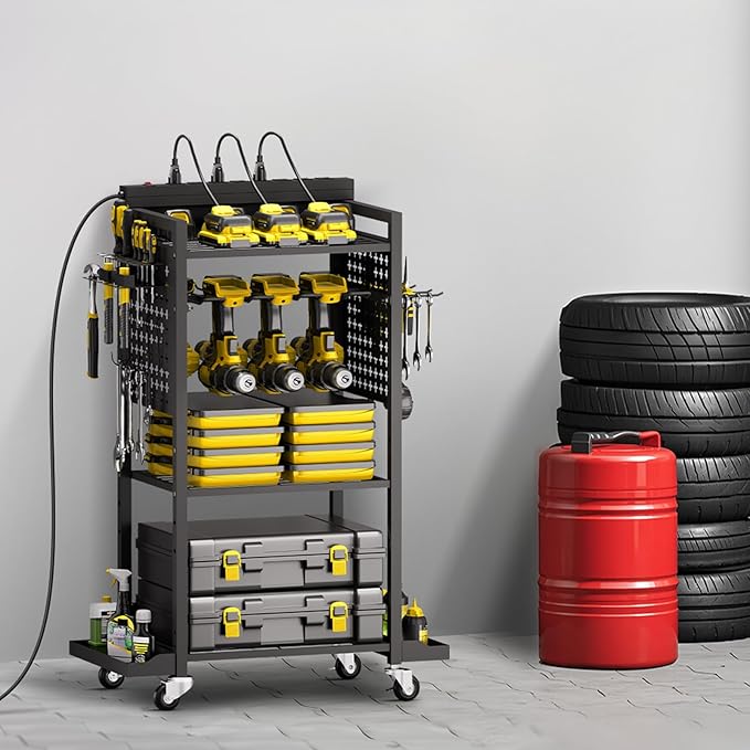 VEVOR 4-Tier Tool Organizer Cart with Charging Station, 8 AC Outlet, Floor Stand Rolling Drill Holder and Tool Battery Storage Rack on Wheels, Garage Floor Rolling Storage Cart for Workshop, Garage