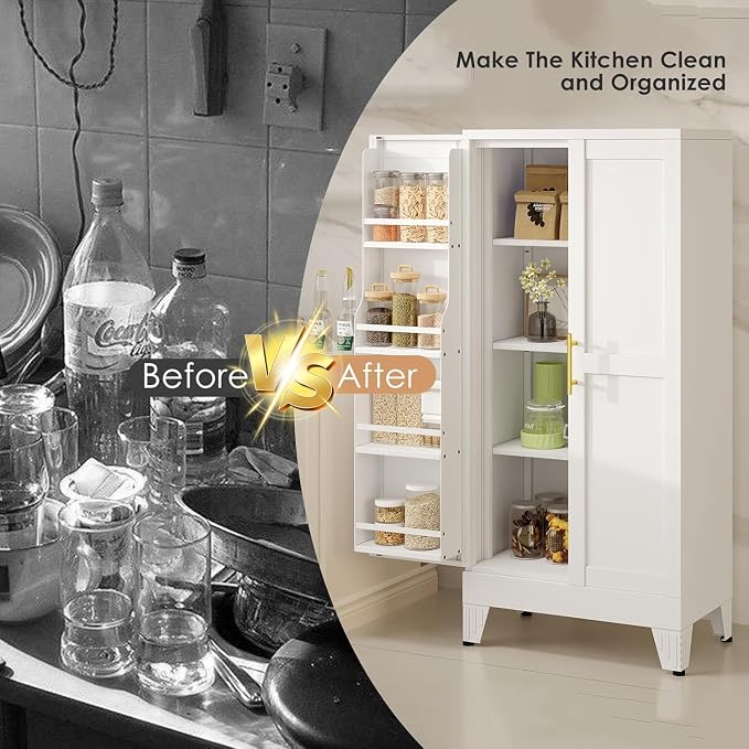 48" H Metal Kitchen Pantry Storage Cabinet, Freestanding Cupboard Storage Cabinet with Doors and Adjustable Shelves, Large Stand Up Food Cupboard for Living Room, Dinning Room（White）
