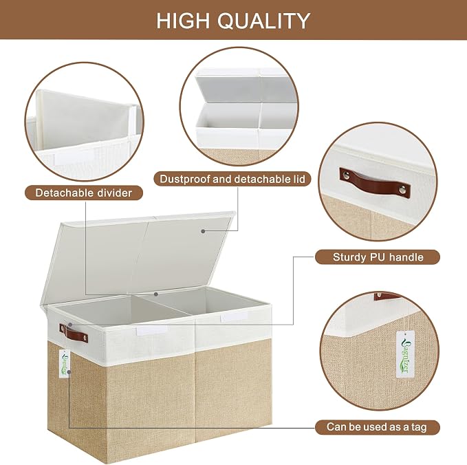 Bagnizer Large Toy Storage Box with Lids, Collapsible Sturdy Baby Storage Organizer Chest Bin Basket for Kids, Boys, Girls, Playroom, Nursery, Bedroom, Closet 25"x13"x16" (Beige and White)