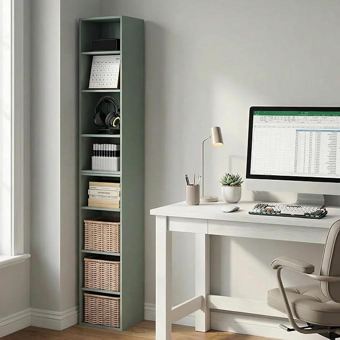 Furinno PASIR Book Shelf, 8-Tier Bookshelf, Bookcase with Open Shelf, 9.3 x 11.8 x 70.9, for Living Room, Bedroom, Home Office, Sage Green