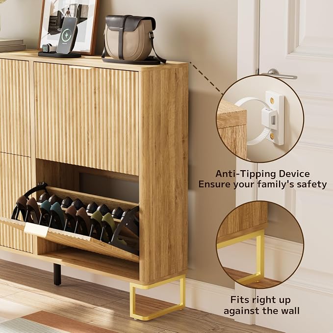 Fluted Shoe Cabinet Storage with 4 Flip Drawers, Wood Narrow Hidden Shoe Cabinet with Metal Legs & Adjustable 2 Tier Shelf for Entryway, Freestanding Slim Shoe Rack Organizer for Hallway Living Room