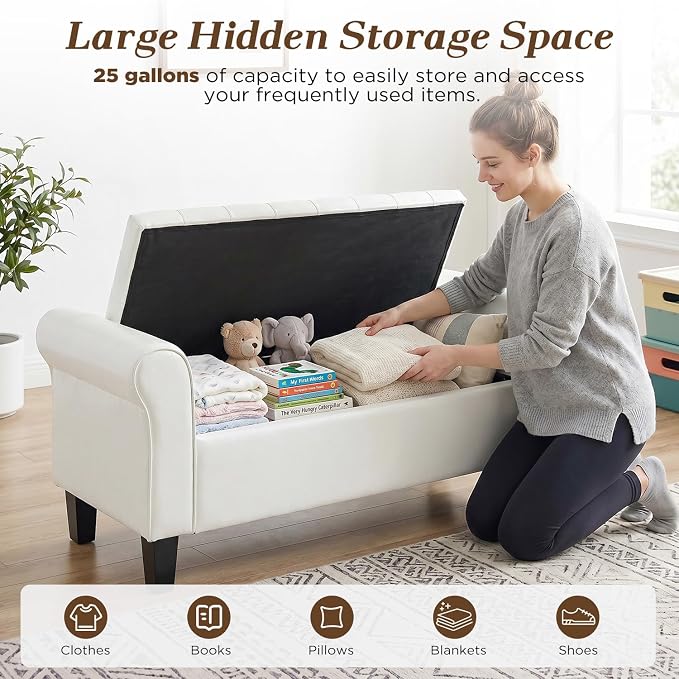 55" Storage Ottoman Bench for Living Room, End of Bed Bench with Rolled Arm Leather Ottoman with Storage Upholstered Entryway Bench Retro Style Footboard Bench for Bedroom, Cream White