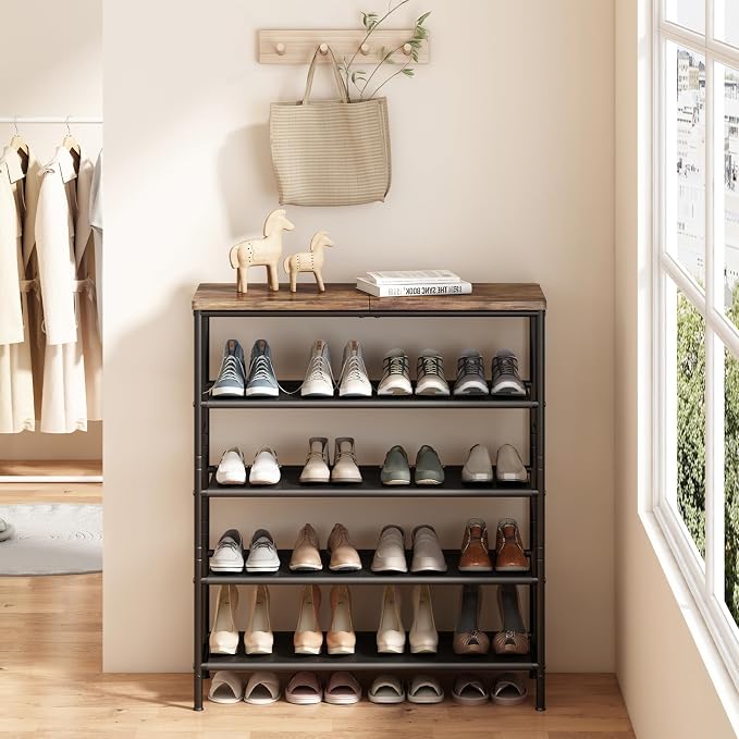 INGIORDAR 5 Tier Shoe Rack Storage Organizer Shelf Top with MDF Board | Space-Saving,with 3 Layer Fabric,stores 20+Pairs of Shoes for Closet,Entryway,Bedroom,Living Room Garage,Black+Rustic Brown