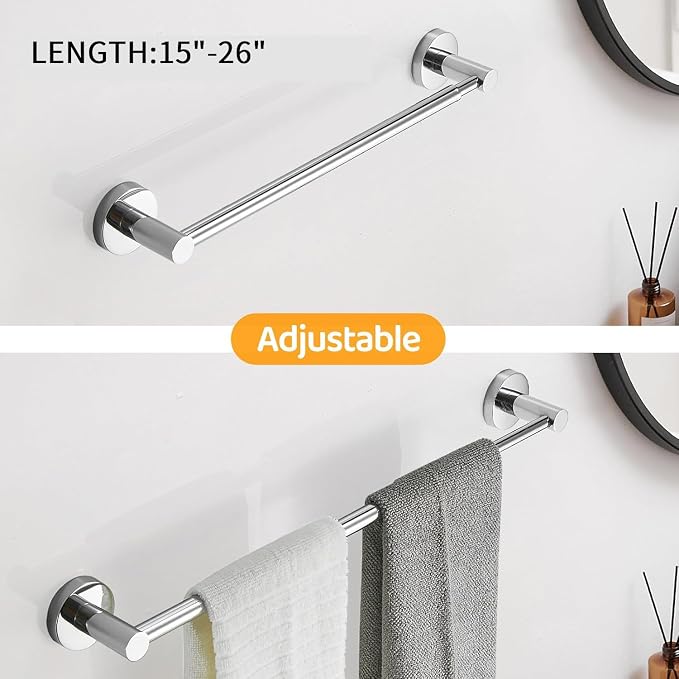 BESy Adjustable Towel Bar Towel Racks for Bathroom Rod Wall Mounted Chrome | Adjust 15" to 26" Rustproof, Stainless Steel Towel Holder, Wall Mounted for Bathroom Accessories, Heavy Duty, Space Saving