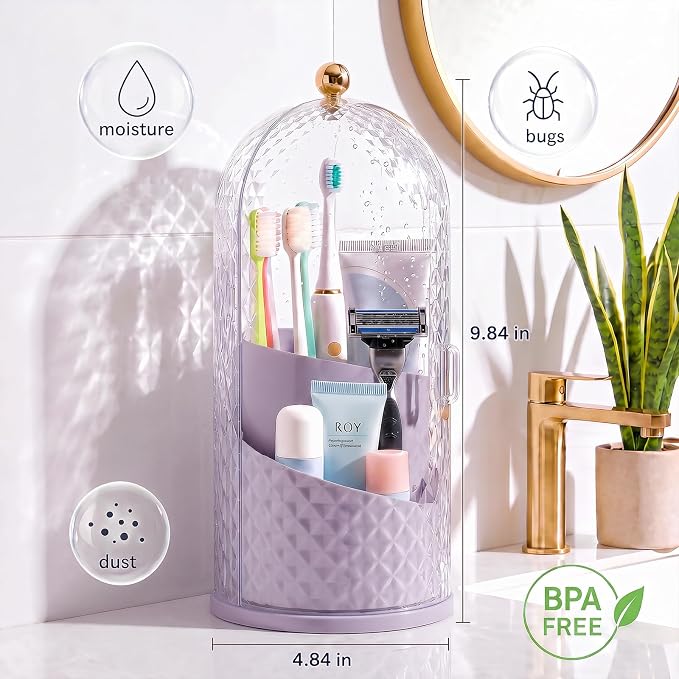 Toothbrush Holder with Cover for Bathroom Countertop, Organizer, Purple | Rotating 3 Slot Holder for Electric Toothbrushes, Toothpaste, Self Draining Vanity Organizer, Makeup Brush Storage
