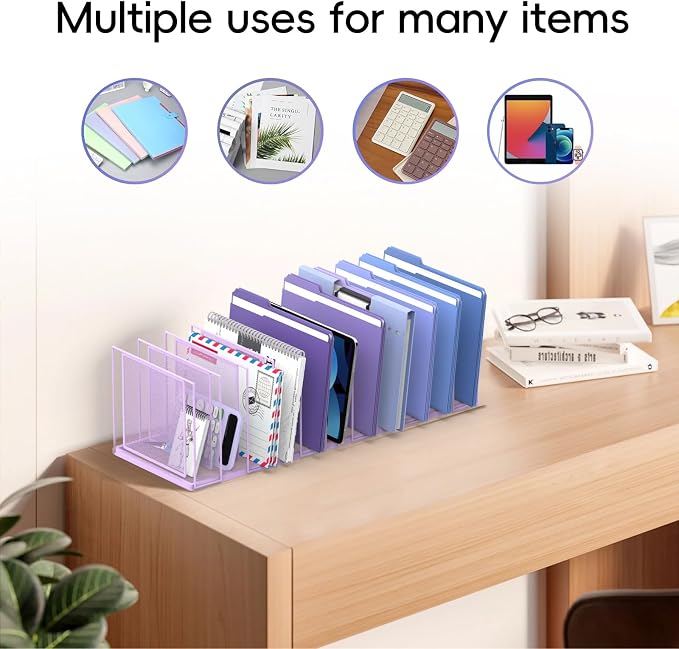 File Organizer for Desk, 11-Section Vertical File Sorter, Paper Holder Organizer Standing Metal File Folder for Office Home Classroom, Purple