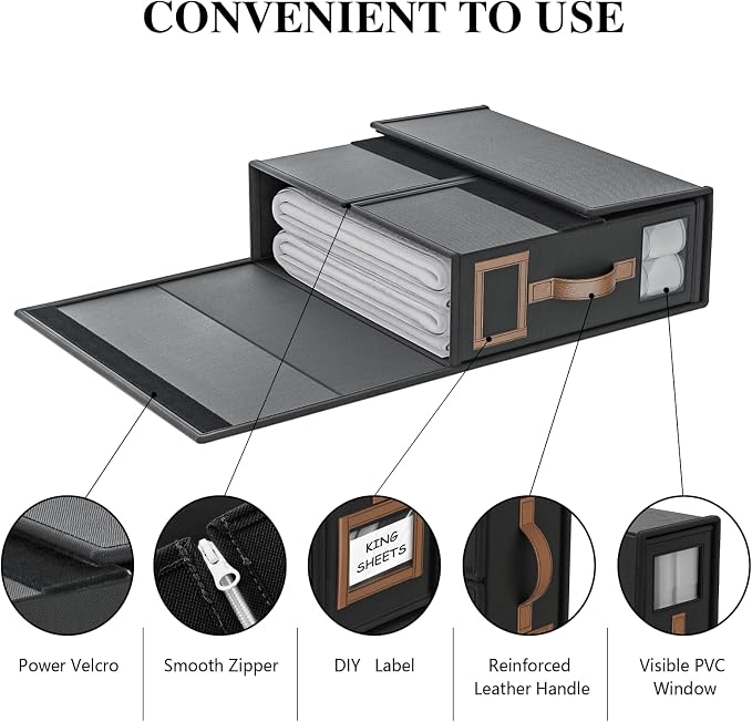 3 Pack Foldable Bed Sheets Set Organizers and Storage(King & Queen Size),Linen Fabric Closet Organizers with Window,Folding Bedding Storage Box for Bedsheets and Pillow Cube Organizer-Black